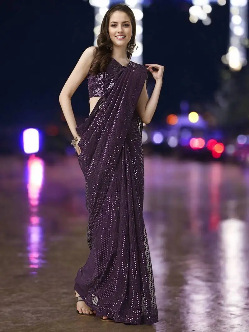 Wine georgette sequins saree with unstitched blouse piece