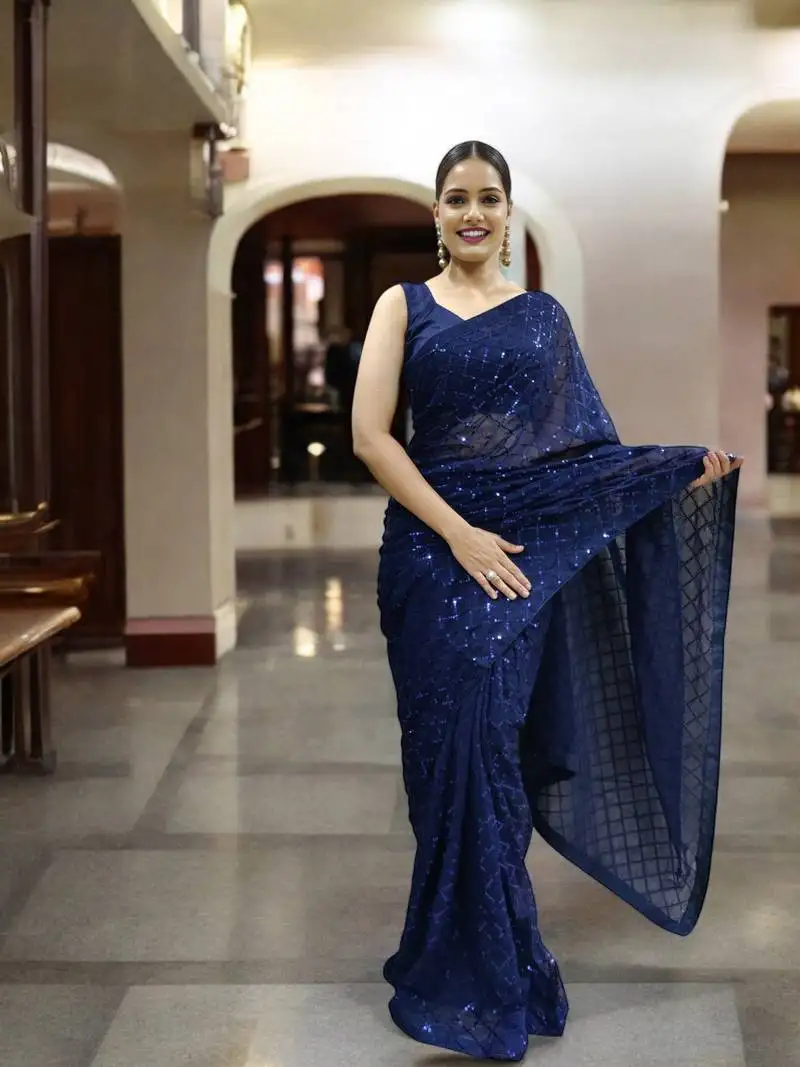 Blue georgette sequins saree with unstitched blouse piece