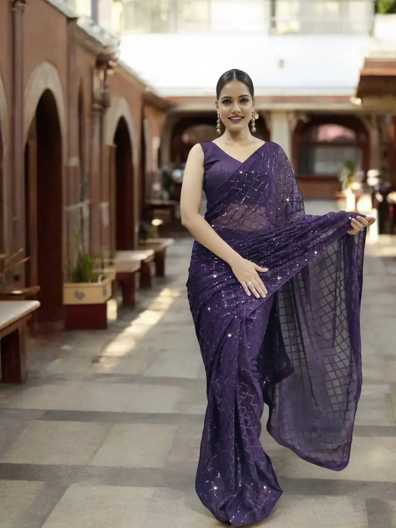Purple georgette sequins saree with unstitched blouse piece