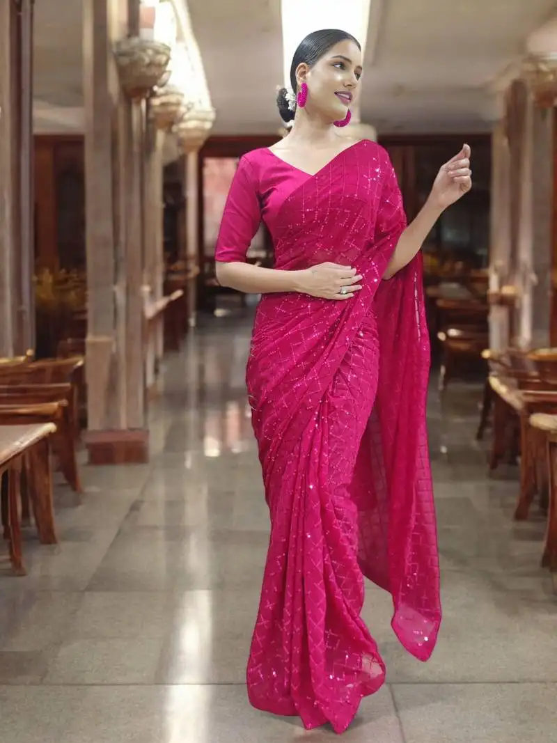 Magenta georgette sequins saree with unstitched blouse piece