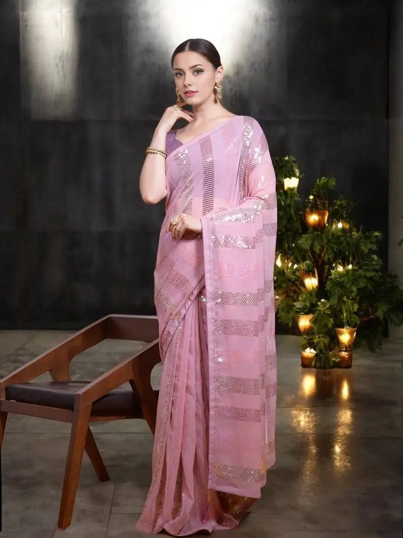 Baby pink georgette sequins saree with unstitched blouse piece