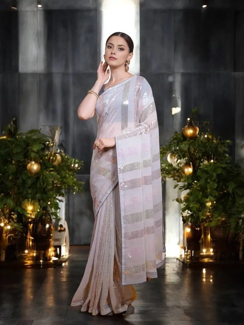 Grey georgette sequins saree with unstitched blouse piece