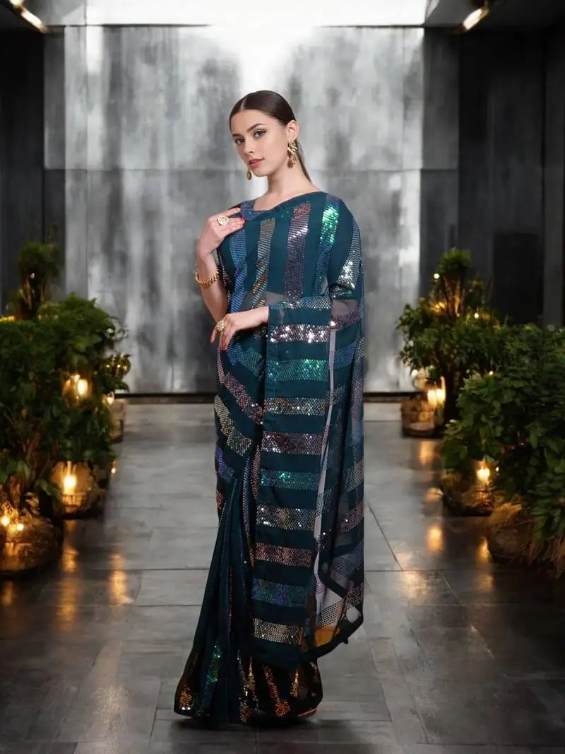 Teal georgette sequins saree with unstitched blouse piece