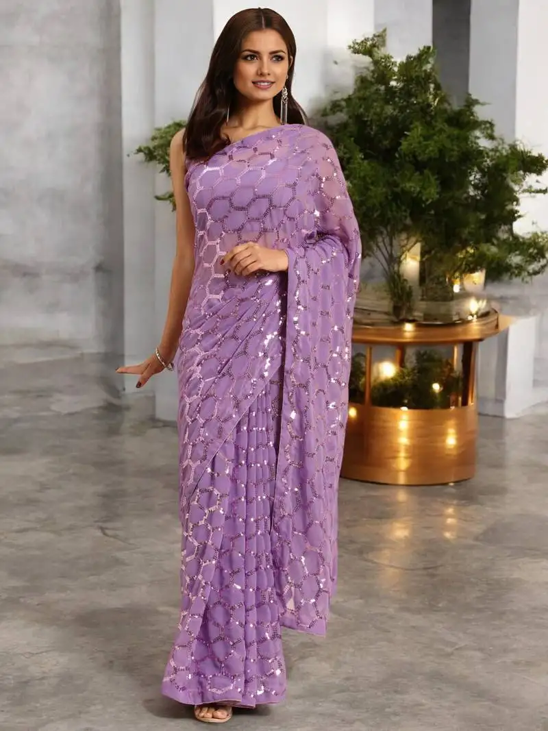 Onion georgette sequins saree with unstitched blouse piece