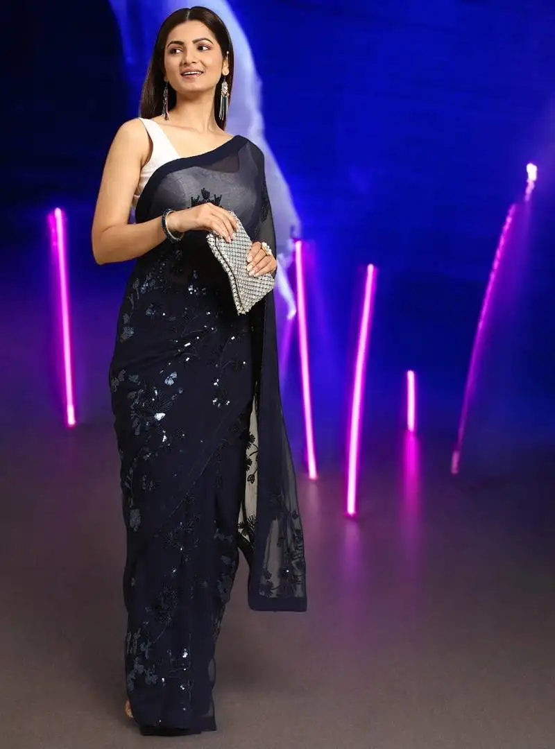 Blue georgette sequins work saree with unstitched blouse piece