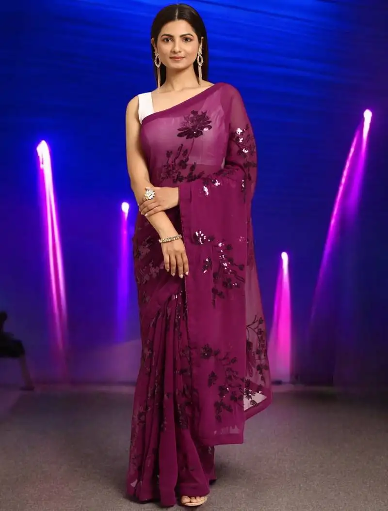 Rani georgette sequins work saree with unstitched blouse piece