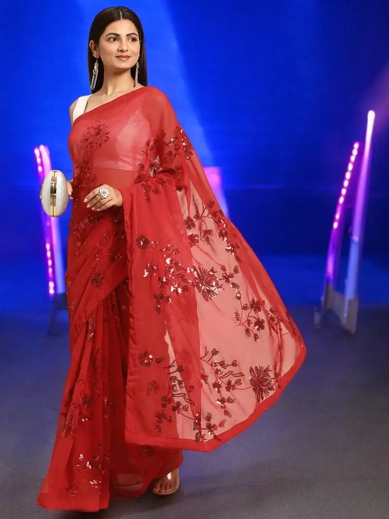 Red georgette sequins work saree with unstitched blouse piece