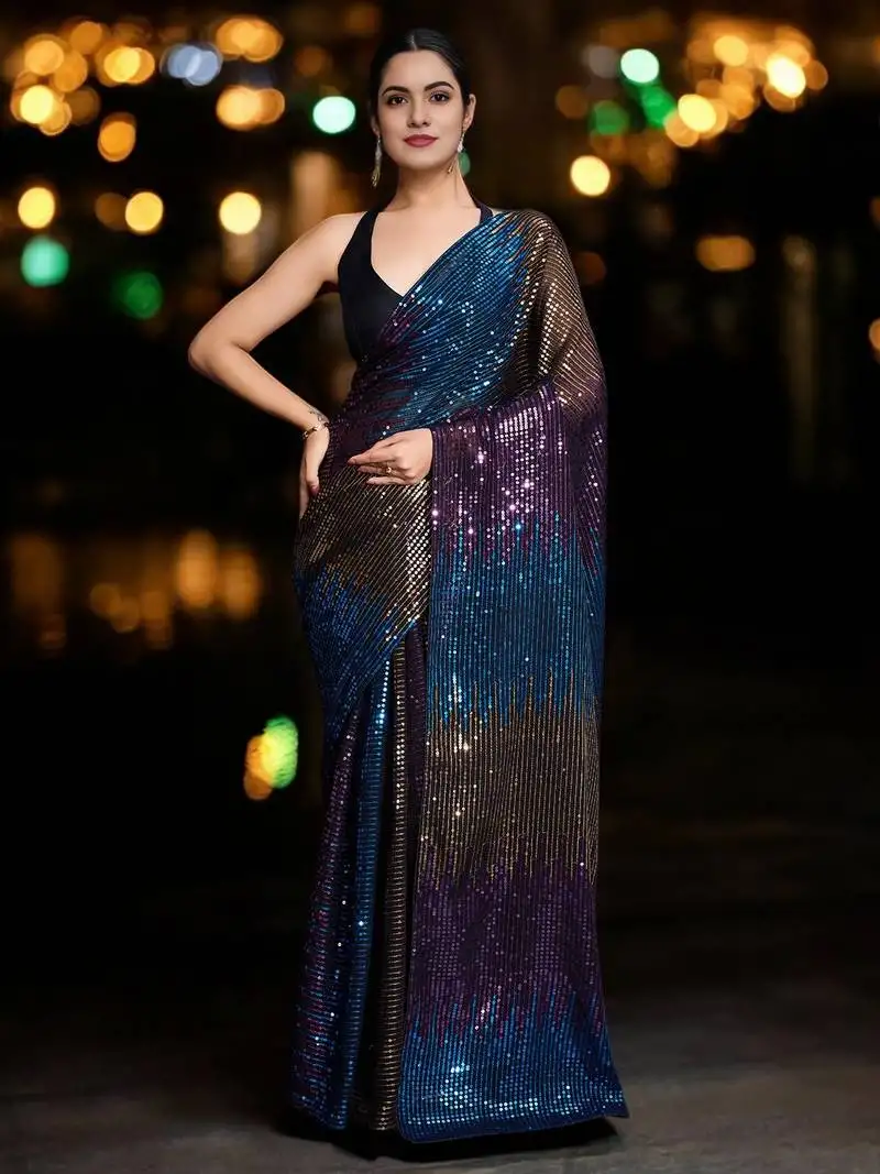 Blue georgette sequins saree with unstitched blouse