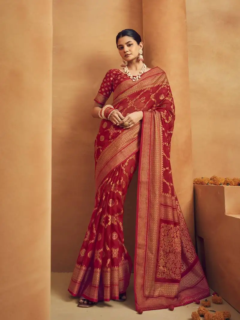 Red poly viscose georgette woven banarasi designer saree