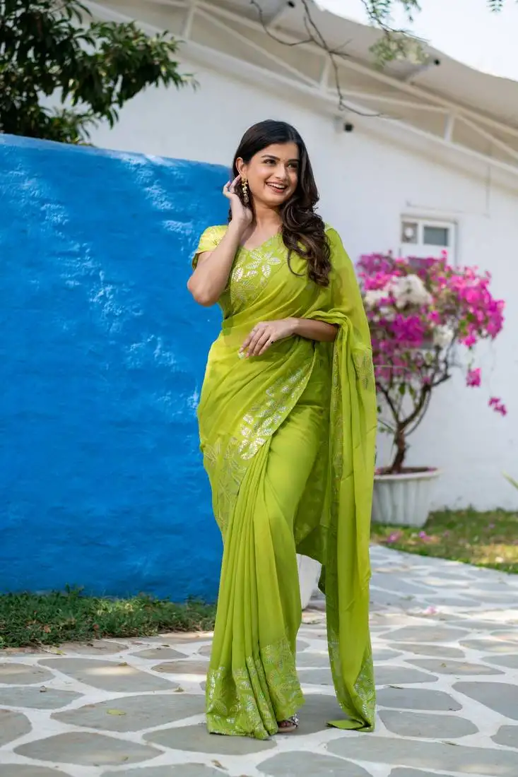 Fresh green multi colour sequin saree