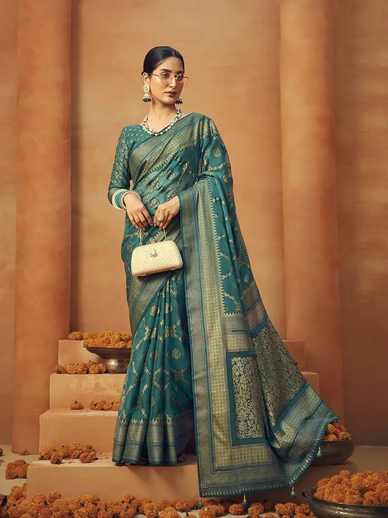 Teal poly viscose georgette woven banarasi designer saree
