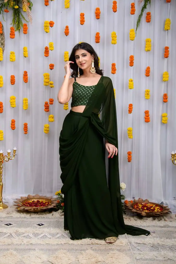 Mehandi green drape saree with blouse