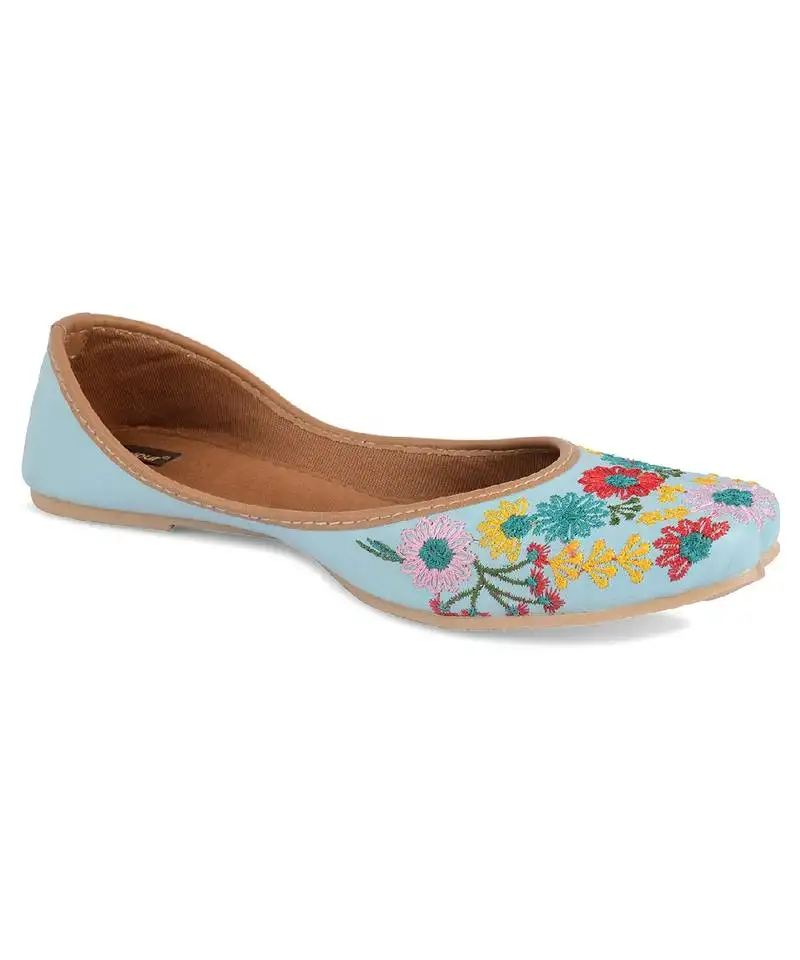 Cushioned sky blue floral embroidered flats