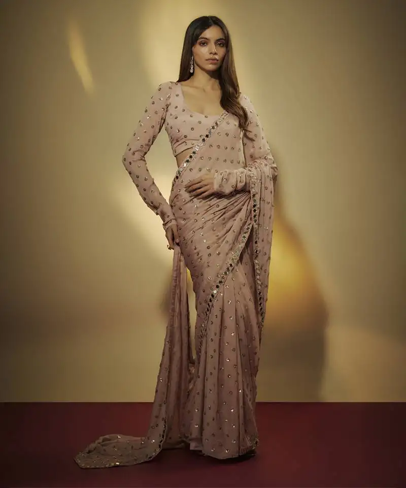 Mauve chinnon chiffon sequins pre drapped saree with mirror lace along with sequins full sleevs blouse