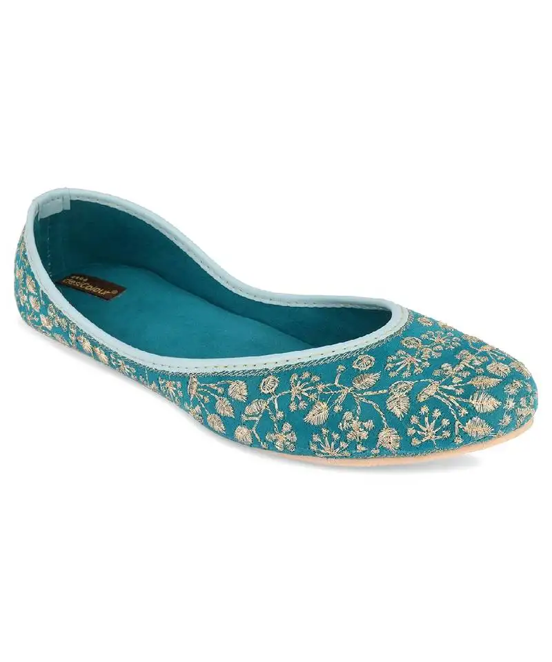 Cushioned sea green embroidered flats