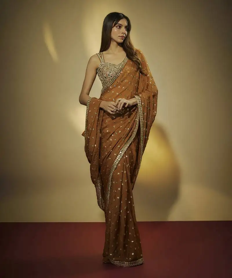Copper chinnon chiffon sequins and mirror embroidered saree with mirror embroidered bustier .