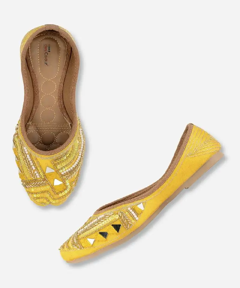 Yellow mirror embroidered flats