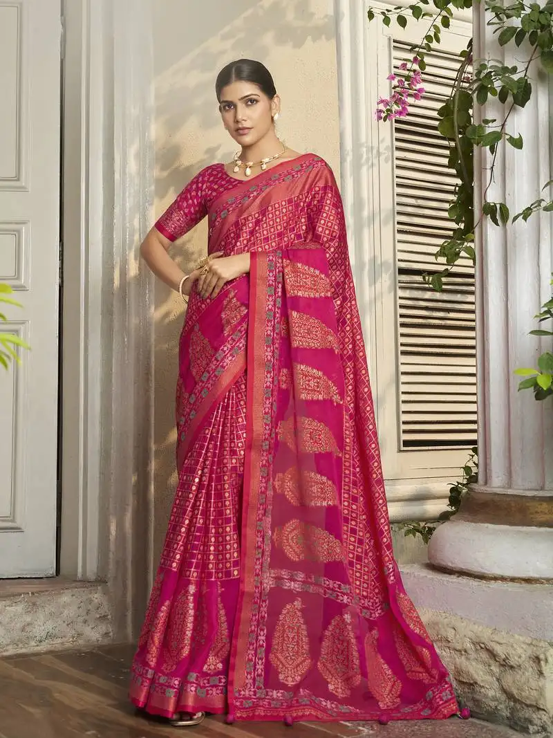Magenta poly viscose georgette geometric pattern banarasi saree