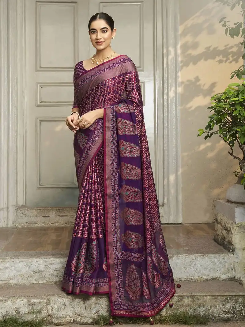 Violet poly viscose georgette geometric pattern banarasi saree