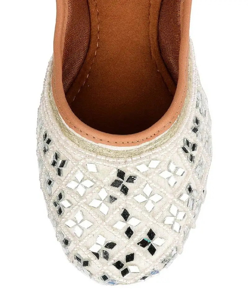 White ethnic mirror mojari flats