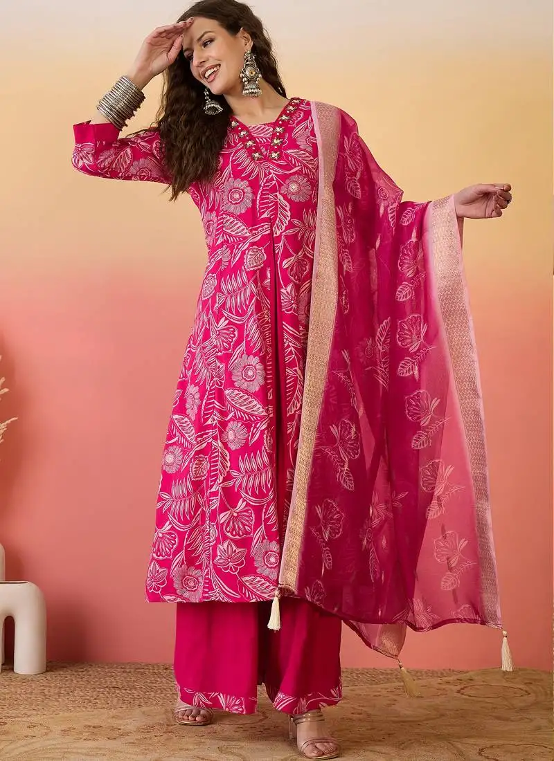 Rani pink roman silk embroidered palazzo suit stitched