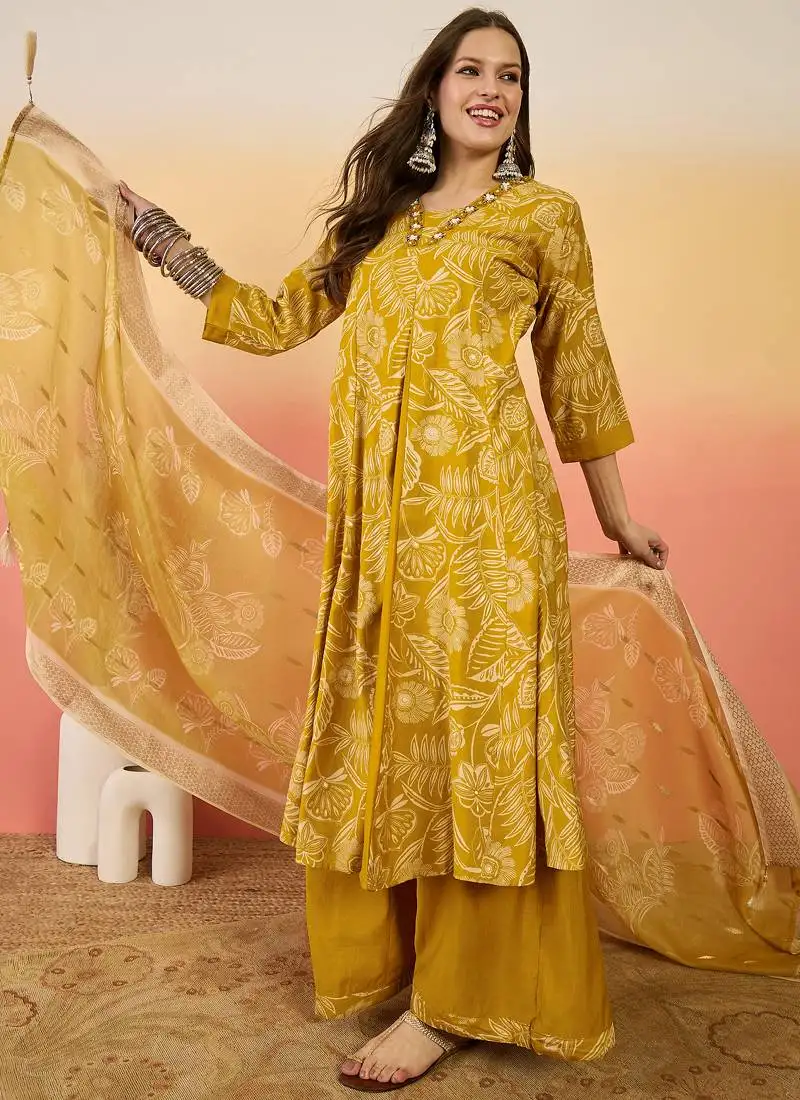Yellow roman silk embroidered palazzo suit stitched