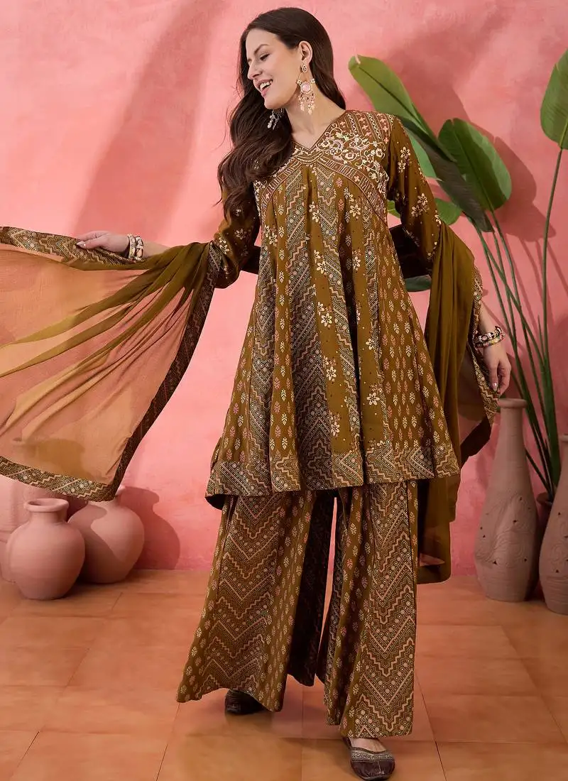 Mustard roman silk embroidered palazzo suit stitched