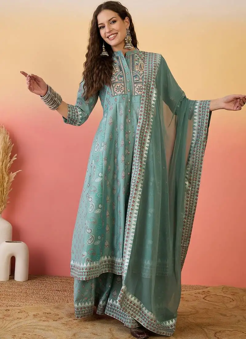 Light teal green roman silk embroidered palazzo suit stitched
