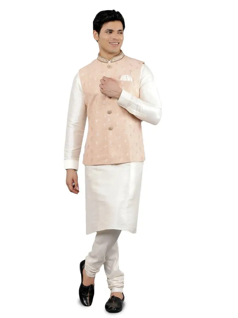 Manish creations men's woven pattan ethnic silk blend kurta sets with nehru jacket