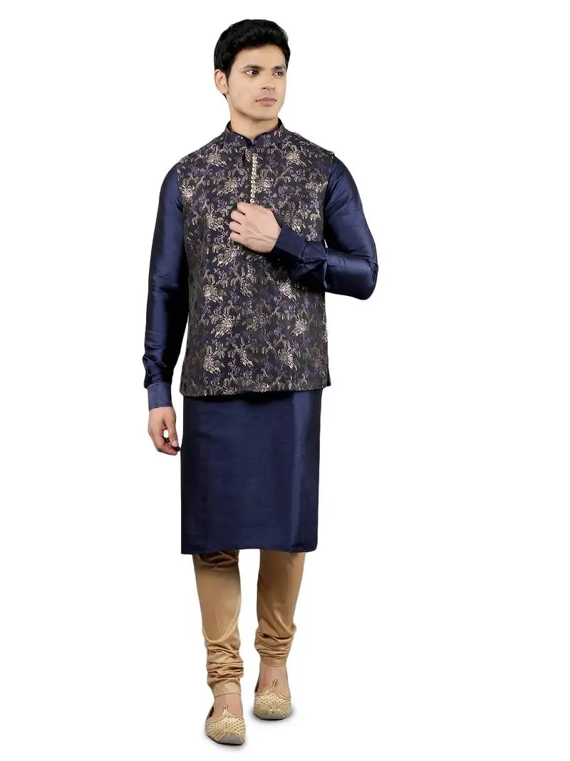 Manish creations men's floral pattan ethnic silk blend kurta sets with nehru jacket
