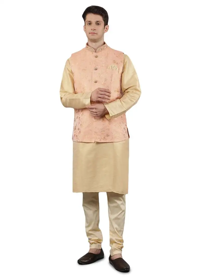 Manish creations men's floral pattan silk blend casual styles kurta sets with nehru jacket