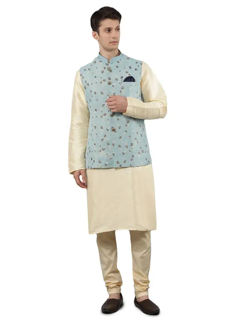Manish creations men's floral pattan silk blend traditional kurta sets with nehru jacket