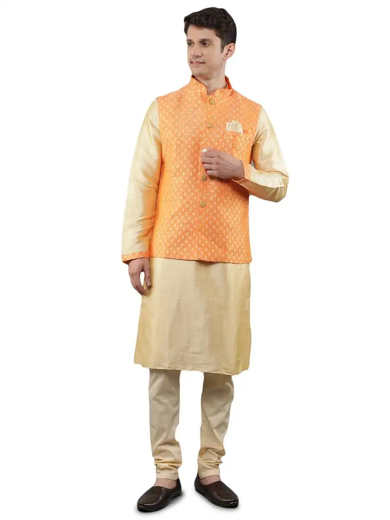 Manish creations men's woven pattan silk blend traditional kurta sets with nehru jacket