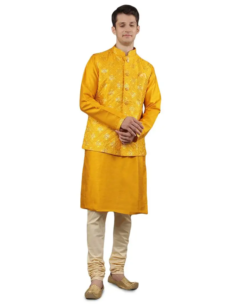 Manish creations men's geometric pattan ethnic silk blend kurta sets with nehru jacket