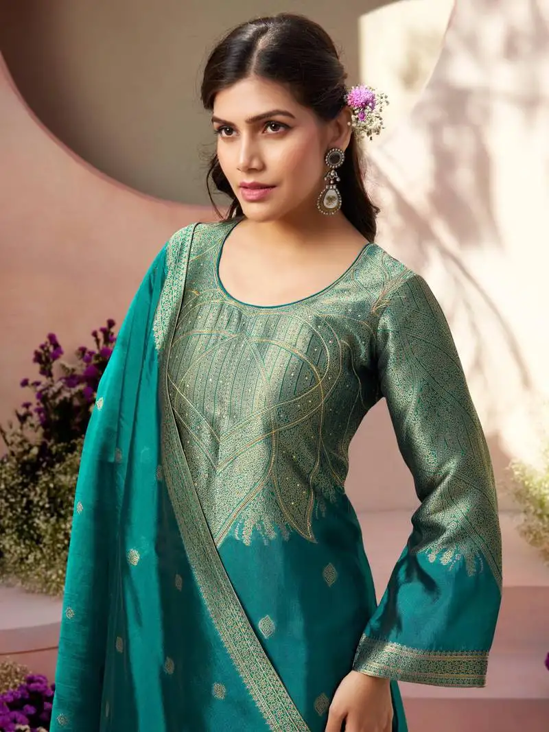 Turquoise jacquard pure silk unstitched straight pant style