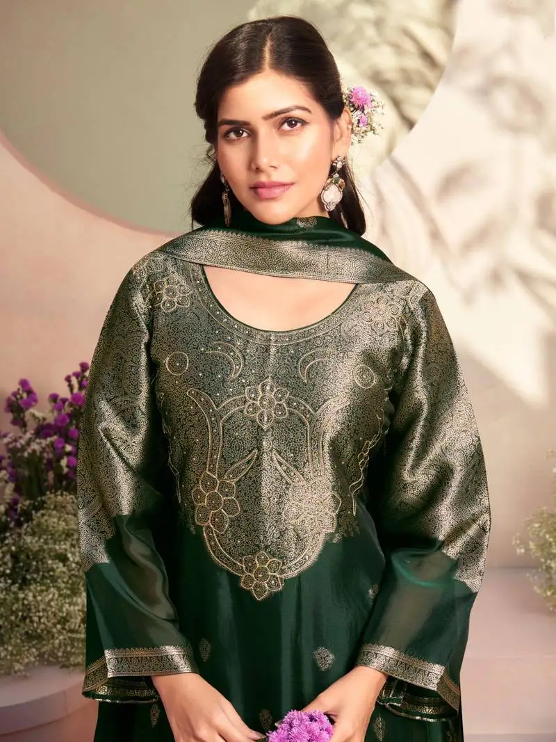 Green jacquard pure silk unstitched straight pant style