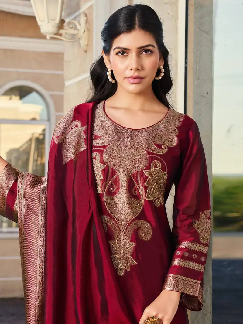 Maroon jacquard pure silk unstitched straight pant style