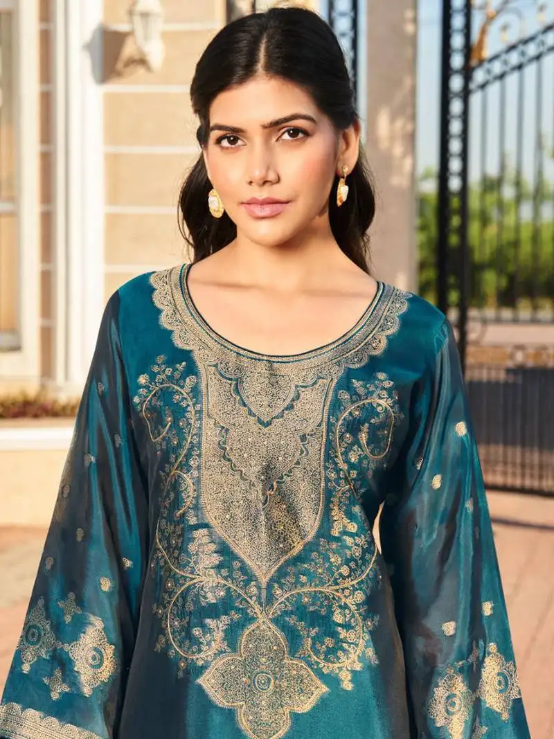 Teal jacquard pure silk unstitched straight pant style