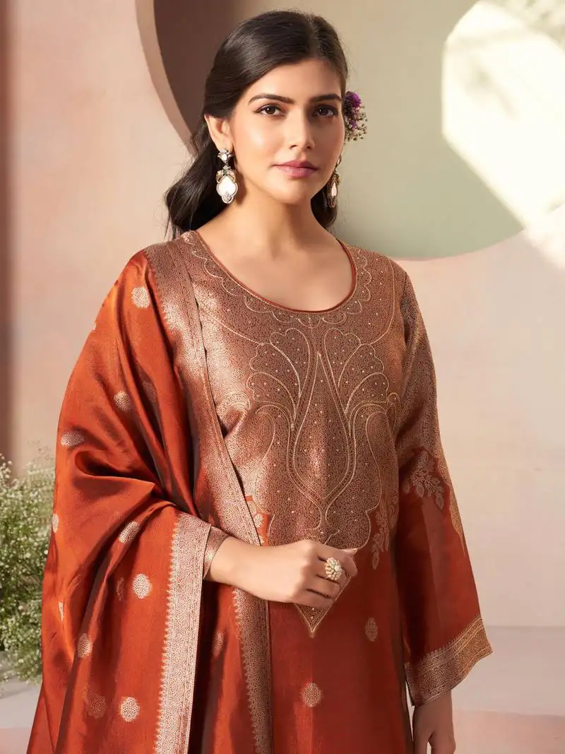 Rust jacquard pure silk unstitched straight pant style