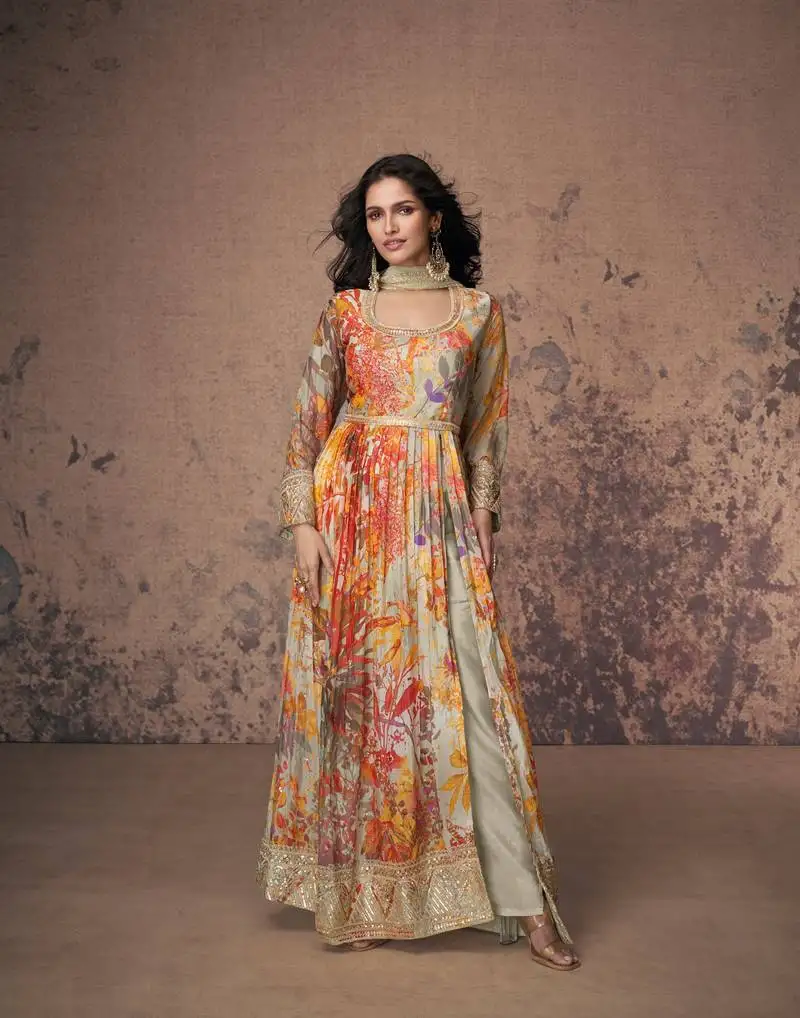 Beige fuax georgette sequence embroidery work with digital print suit-max up to 42 stitched