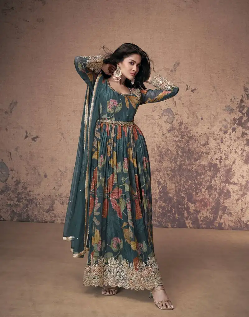 Teal fuax georgette sequence embroidery work with digital print suit-max up to 42 stitched