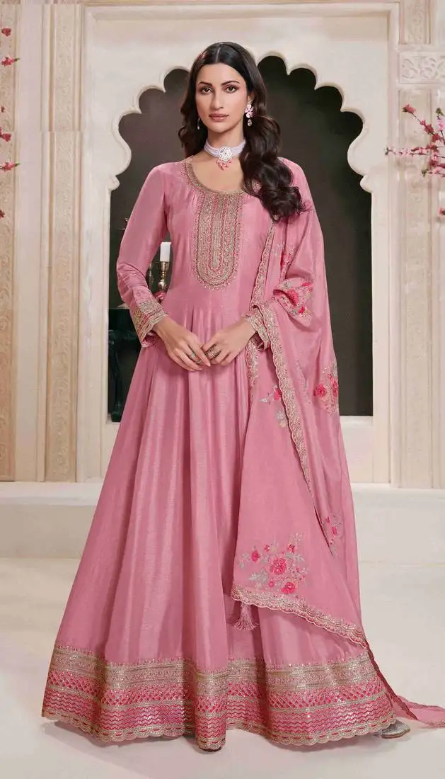 Pink embroidery silk semi stitched gowns