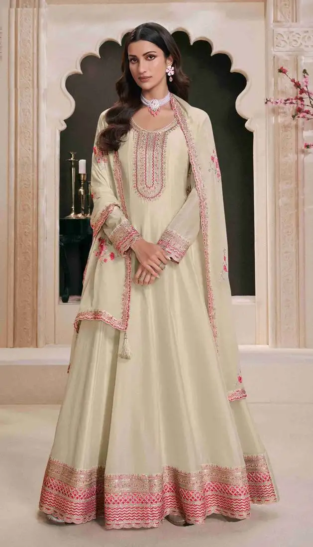 Cream embroidery silk semi stitched gowns