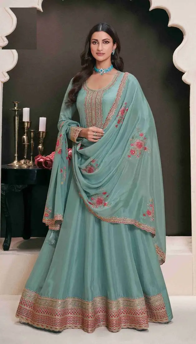 Light blue embroidery silk semi stitched gowns