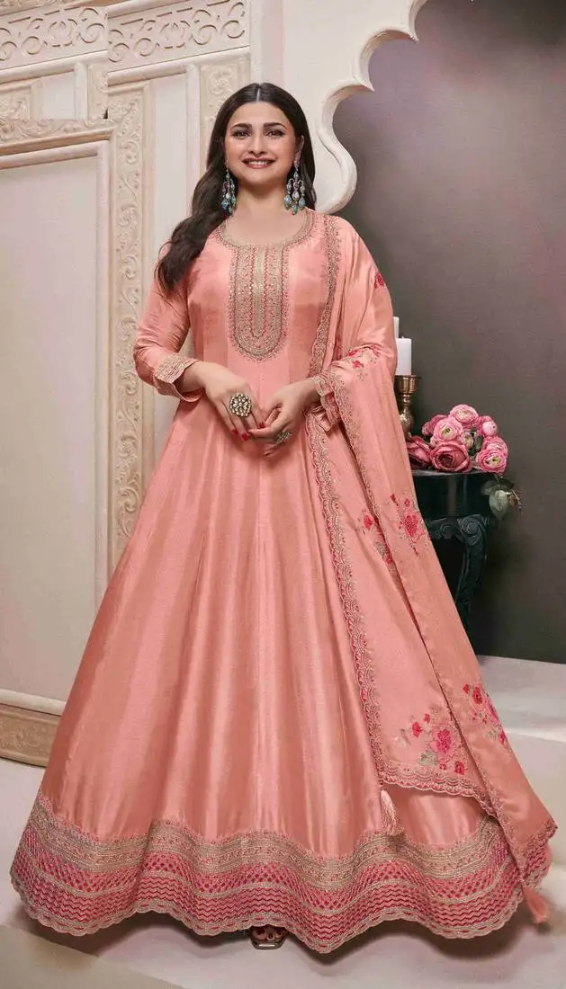 Peach embroidery silk semi stitched gowns