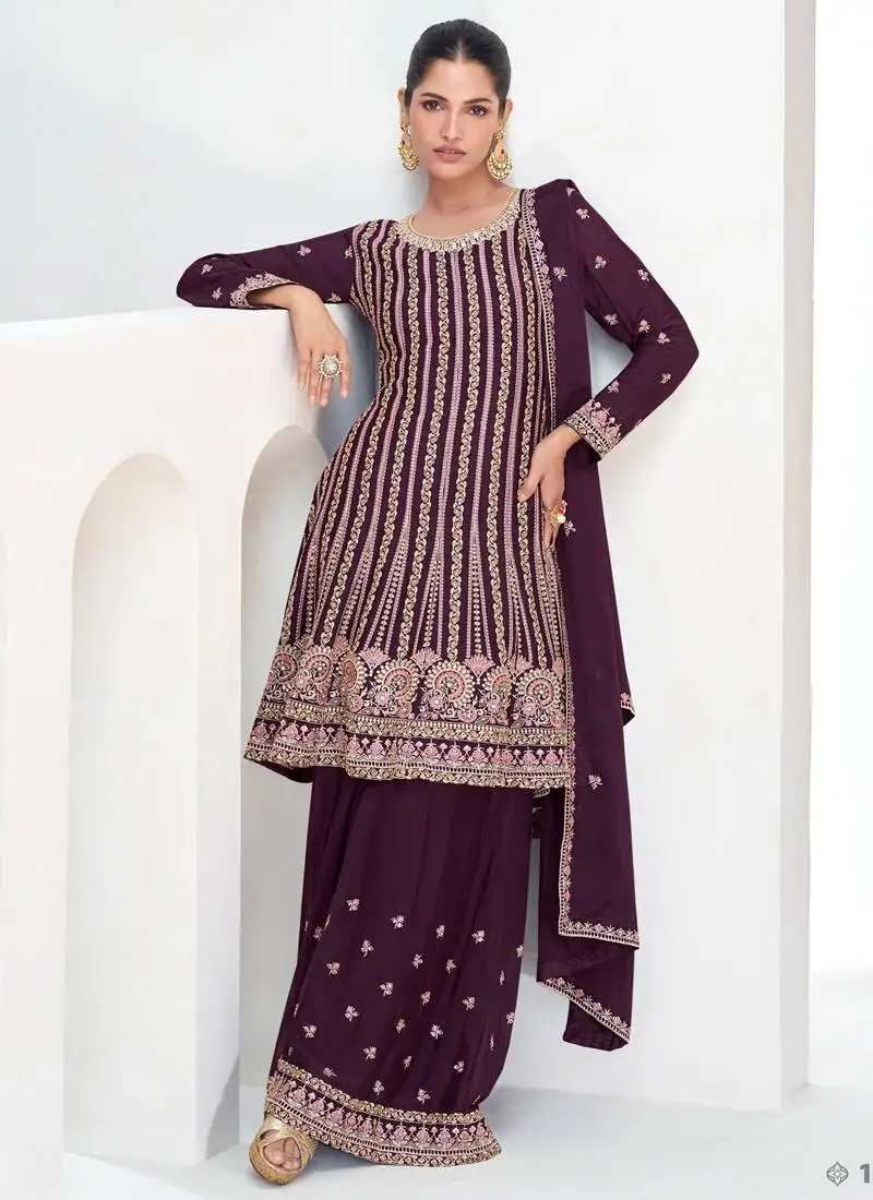 Wine chinon silk embroidered designer palazzo suit stitched