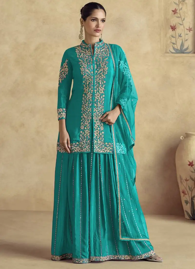 Sky blue chinon silk embroidered designer palazzo suit stitched