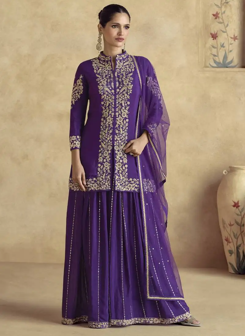 Violet chinon silk embroidered designer palazzo suit stitched