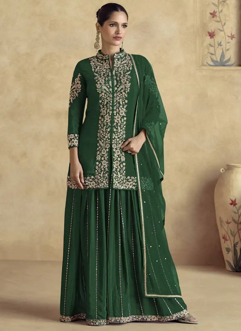 Dark green chinon silk embroidered designer palazzo suit stitched