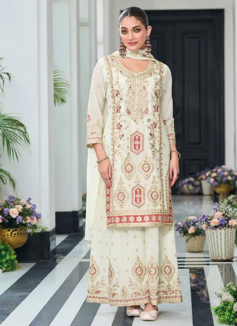 Off white chinon silk embroidered designer palazzo suit stitched